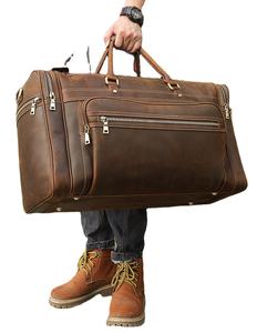 Sac polochon pour homme en cuir véritable vintage de luxe de 62cm Super Large Bagages Weekender pour hommes Style sport Sacs de voyage à bandoulière à usage sportif - Product Image 4