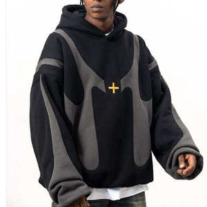 100% coton hommes pull à capuche, Double couche couleur Patchwork broderie haute rue Streetwear en gros - Product Image 4