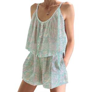 Ensemble de pyjama en coton fait main indien, imprimé jungle, printemps/été, floral, ajusté, bretelles fines, sans manches - Product Image 1