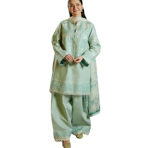 Haute qualité traditionnelle femmes brodées 3 pièces point Salwar Kameez costumes robes en lin pakistanais pour les fêtes adultes - Product Image 1