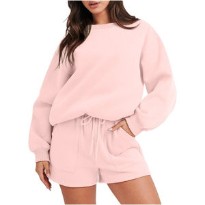High Quality Custom logo Cotton Crew Round Neck Crewneck Jumpers <b>Sweatshirt</b> and Shorts Lounge Wear Workout Set for Women Ladies - Product Image 3