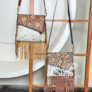 New Wholesale Fashion Women's Hand <b>Tooled</b> Cowhide <b>Leather</b> Fringe Crossbody Shoulder Handbag Luxury Designer Purse for Women's - Product Image 1