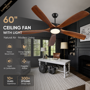 60 Inch <b>Ceiling</b> Fan with <b>Light</b> Modern Solid Wood <b>Ceiling</b> Fan Quiet DC Motor <b>Remote</b> <b>Control</b> Large Room Fan - Product Image 1