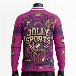 เสื้อรักบี้ผู้ชาย ผ้าโพลีเอสเตอร์อินเตอร์ล็อคคุณภาพพรีเมียม สีม่วงแดง ดีไซน์แผงสีม่วงแดง พร้อมโลโก้แบบซับลิเมชั่นสั่งทำพิเศษ เสื้อรักบี้สำหรับเสื้อโปโล - Product Image 6