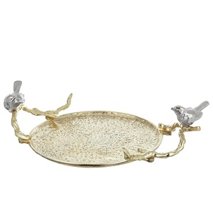 Imperial Opulence <b>Decorative</b> Tray with <b>Birds</b> on Handle Gold Surface and <b>Bird</b> Sculpted Leaf Details for Elegant Entertaining - Product Image 1