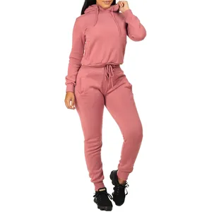 New Style Women jogging Sports Tracksuits Sets 100% Cotton Jogging Suit Plain Dyed Knitted Tracksuits For Women Customize Logo