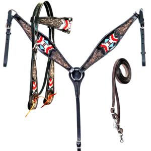 Headstall Collar de pecho y riendas Tallado completo y mazorca y alrededor de tachuelas de níquel Western Leather Headstall y riendas de cuello de pecho - Product Image 3