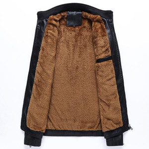 Veste en cuir véritable pour homme, style moto d'hiver, col montant, fermeture éclair, doublure chaude, veste en cuir de vache - Product Image 3