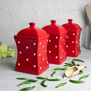 Ensemble de 3 pots de rangement en céramique avec couvercles, design à pois, récipients de cuisine hermétiques, durables, adaptés aux aliments, organisateur élégant - Product Image 1