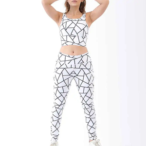 Ensemble de yoga pour femmes à imprimé géométrique, 2 pièces, haut court dos nageur, leggings taille haute longueur intégrale, en Spandex et Polyester, extensible dans les quatre sens - Product Image 1