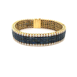 Bracelet en or vintage avec saphir bleu carré et bracelet de tennis de mode en grappe de diamants pour or 18 carats - Product Image 1