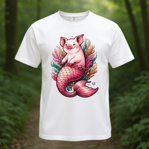 Camiseta Unisex con Estampado Digital de Cerdita Sirena Adorable con Cola de Sirena, Cuello Redondo y Manga Corta para Adultos - Product Image 3