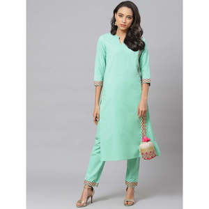 Ensemble Kurta Droit Brodé en Coton pour Femme avec Pantalon Vert Marine 46 Pouces 38 Pouces - Product Image 1