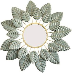 Contemporary Modern Round <b>Wall</b> Mirror with Handmade Embedded Metallic <b>Leaf</b> Pattern Frame for Wedding <b>Wall</b> <b>Decorations</b> - Product Image 1