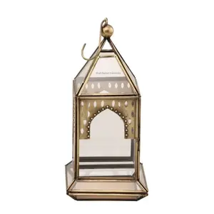 Oryantal fas fener altın pirinç tasarımcı dekoratif cam fener asılı dekorasyon için Metal kanca ile