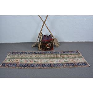 Vintage 2.4 X 7.5ft Turkish Rug Beige Black Classic Large Area Rectangle Wool Latex Backing Abstract Patchwork for Hallway Room - Product Image 3