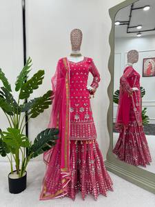 Conjunto de Salwar Elegante y de Lujo, Estilo Étnico Bollywood, Top, Palazzo y Dupatta, Hecho de Georgette, Ropa India Pakistaní - Product Image 3