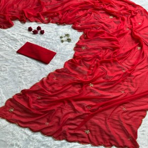 Sari VASTRA COTTAGE de georgette sintética pura con cuentas y lentejuelas, hecho a mano, con blusa sin coser a juego, sari para fiesta. - Product Image 3