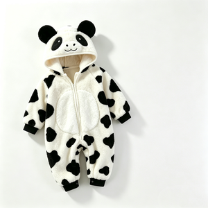 Combinaison à capuche pour bébé en peluche panda noir et blanc personnalisée avec rembourrage en coton PP, costume d'animal unisexe pour nouveau-né - Product Image 2