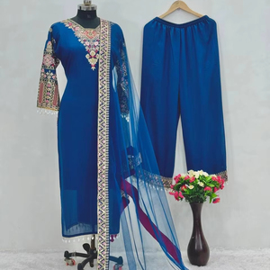 เสื้อและกางเกงปักลายลำดับสวยงามชุดดูฮัตตาทำจากผ้าไหม Vichitra ใหม่ออกแบบได้ตามที่ต้องการ - Product Image 1