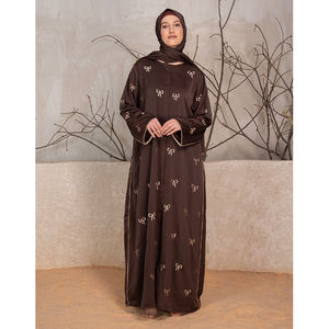 2025 Dubai Luxe Brun Abaya Vêtements Islamiques Abaya 100% Polyester Tik Tok Tissu Bowknot Broderie Abaya au Prix de Gros - Product Image 1
