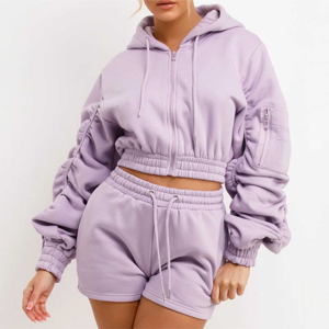 Logo personnalisé 2 pièces hommes été recadrée à capuche ensemble manches longues fermeture éclair français éponge haut court décontracté imprimé style pour les femmes - Product Image 6