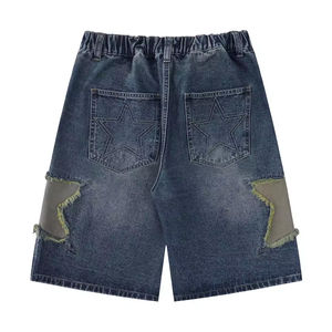 Short en denim Streetwear de couleur unie exquis pour homme avec broderie d'appliques en détresse et finition chic délavée à l'acide - Product Image 5