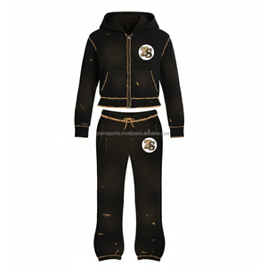 Zipper tracksuit heavy fleece 380 GSM winter warm soft <b>fabric</b> <b>black</b> with tan stitch custom logo embroidery Tracksuits Plus size - Product Image 1