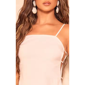 Haute qualité couleur unie sans manches sans bretelles robe d'été femmes moderne coton lin tissu brodé haut décontracté dos pas cher - Product Image 4