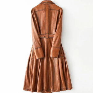 เสื้อโค้ทยาวเข้ารูปของผู้หญิงหนังแท้วินเทจใส่สบายกันลมมีกระเป๋าด้านหน้าสำหรับฤดูหนาว - Product Image 5