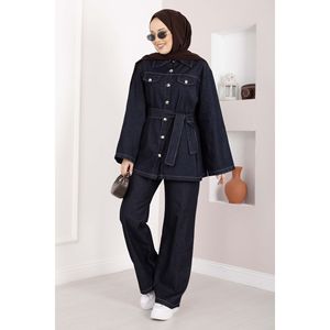Conjunto de Mezclilla Azul Marino para Mujer con Detalle de Cinturón, Incluye Chaqueta, Pantalones y Chaqueta de Traje de Mezclilla - Product Image 3