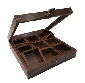 Boîte Masala en bois de Sheesham de qualité supérieure pour une utilisation en cuisine avec couvercle artistique et travail de détail en laiton - Product Image 1