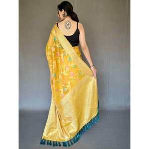 Elegante Sari de Seda Organza Amarillo con Blusa para Bodas - Product Image 4