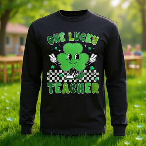 T-shirt a maniche lunghe Groovy per il giorno di San Patrizio One Lucky Teacher Shamrock Face - T-shirt promozionale - Product Image 3