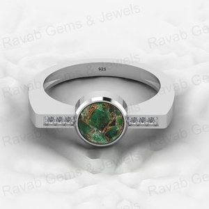 18K Gold 925 Silver 7mm Round Cabochon Green Peridot Copper CZ Diamond Stone Bezel Set Designer Band <b>Ring</b> Fine Jewelry For Women - Product Image 5