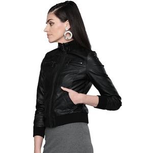 In Black Solid Color Customization Make Premium Quality Product Women Outer Wear Leather Jackets - Product Image 3