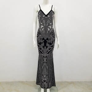 Vestido Maxi de Satén Sexy para Mujer, Estilo Tubo, Cuello en V, Sin Mangas, Espalda Descubierta, con Cuentas, Cintura Natural, Spandex/Poliéster - Product Image 5