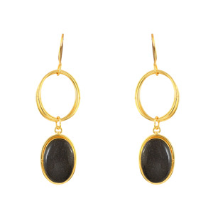 Boucles d'oreilles pendantes unisexes de luxe en laiton plaqué or 18 carats avec pierre précieuse Druzy noire de forme ovale classique, finition brossée, pour mariage et soirée - Product Image 1
