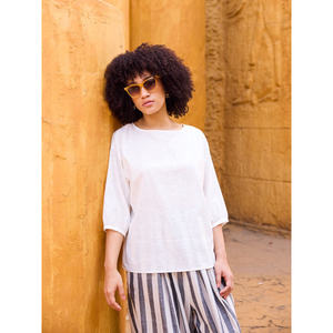 Ensemble haut en tricot de coton Kira - Style décontracté à rayures et carreaux, coupe ample, col à nœud, style streetwear d'été - Product Image 5