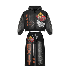 ชุดเสื้อฮู้ดดี้และกางเกงขายาวผู้ชายแบบสั่งทำพิเศษ ลวดลายฟอกสีแบบดิสเทรส ชุดสเวตสูท กางเกงทรงบาน - Product Image 6