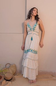 Luxueux coton femmes bleu Floral brodé doré Sequin fabriqué à la main Boho Chic été déclaration ludique Flair Maxi robe - Product Image 5