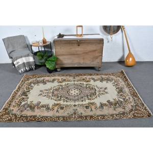 พรมตุรกีสีน้ำตาลเบจแบบวินเทจทำด้วยมือทรงสี่เหลี่ยมผืนผ้าดีไซน์แบบเย็บปะ4'1x7'2ฟุตสำหรับวัยรุ่นที่อาศัยอยู่ผ้าขนสัตว์ยางโพลีเอสเตอร์ - Product Image 1