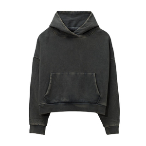 Sudadera con capucha recortada de lavado ácido de gran tamaño para hombre, sudadera lisa de algodón 100%, jersey negro lavado básico - Product Image 1