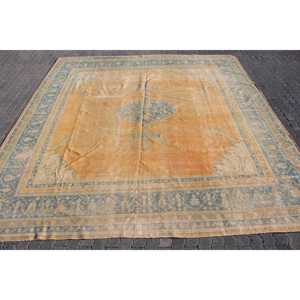 พรมตุรกีขนาดใหญ่พิเศษ 11.5x12.2 ฟุต พรมวินเทจ พรมขนสัตว์สีเหลือง - Product Image 1