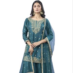Indian Ethnic Silk Stitched Georgette Heavy Embroidery Kurta/<b>Kurti</b> Women Winter Summer Moisture Wicking Quick Dry Stretchable - Product Image 1