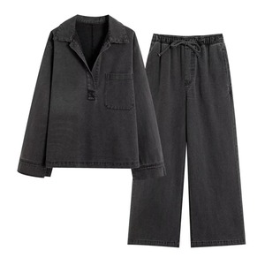 Chaqueta vaquera con flecos lavada de Color sólido para primavera y otoño + Pantalones vaqueros elásticos de cintura alta para mujer, conjunto de dos piezas - Product Image 2