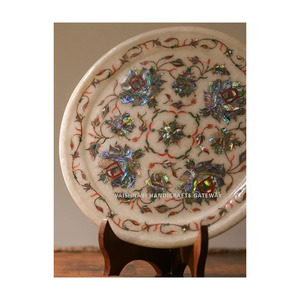 Unique Indian <b>Art</b> Flower Design Inlay <b>Stone</b> Plate Pure Makrana Marble Handmade Premium Quality Home Decorative Wedding Gifting - Product Image 2