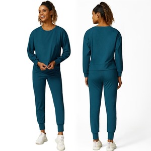 Marca privada, 2 uds., chándal de peso pesado para mujer, sudaderas de manga larga con cuello redondo + Pantalones para correr con bolsillos laterales, conjuntos de salón - Product Image 4
