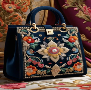 Elegante bolso tote azul marino con un atrevido arte floral multicolor en punto de aguja. Disponible a precios de mayoreo. - Product Image 1