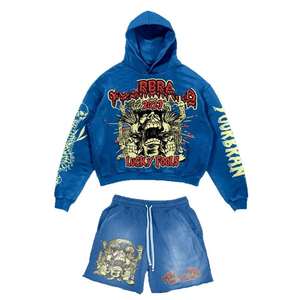 Nuevo logotipo personalizado Vintage Sudaderas con capucha y pantalones cortos Conjuntos Pullover Acid Wash DTG Imprimir Sudadera con capucha Hip Hop Algodón Sun Faded Chándal - Product Image 4